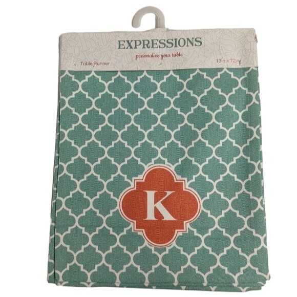 NEW Expressions Moroccan Lattice Teal Table Runner Monogram K - Picture 1 of 6